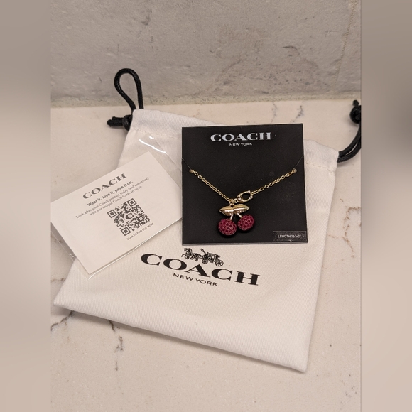 Coach Signature Pave' Cherry Pendant Necklace - NWT - Gold 16-18 Inches Long - Picture 3 of 9